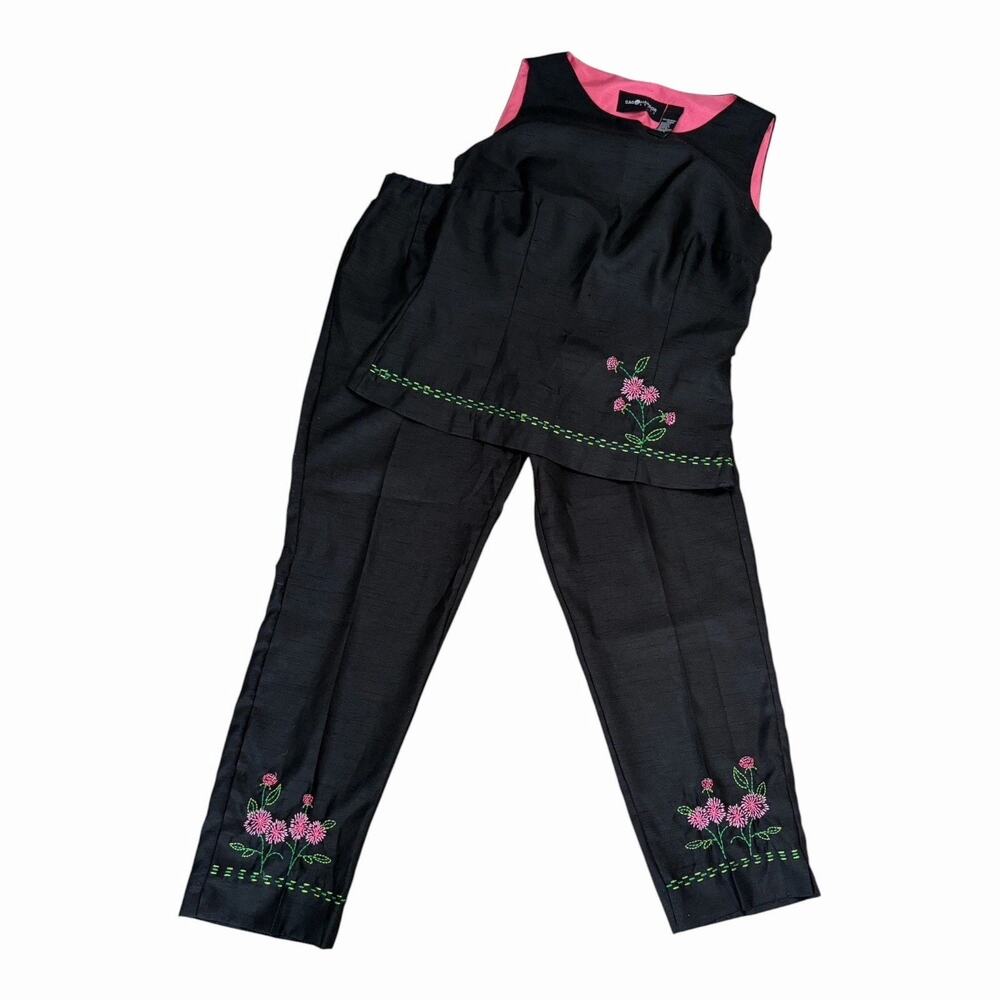 Sag Harbor Womens 14 Black Floral Embroidered 2 Piece Pant Set Sleeveles